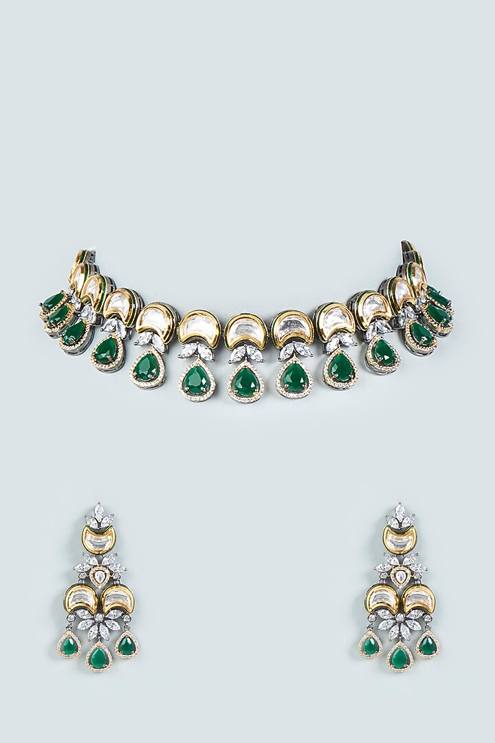Two Tone Finish Kundan Polki & Green Beaded Choker Necklace Set by VASTRAA Jewellery at Pernia's Pop Up Shop