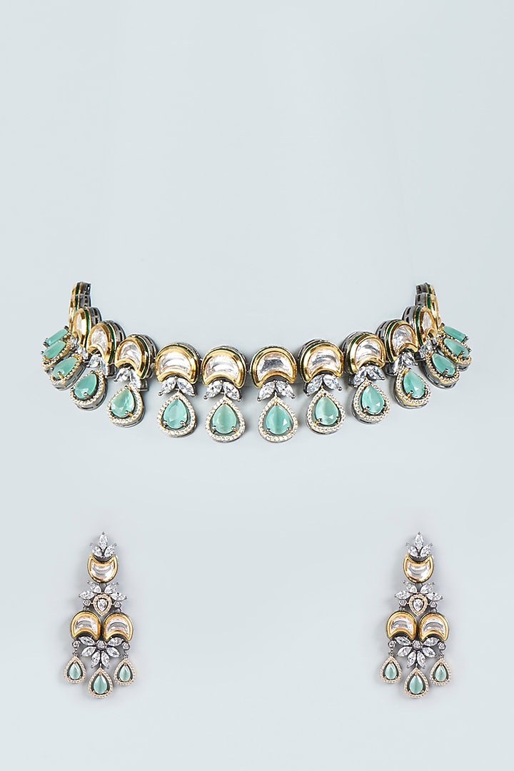 Two-Tone Finish Kundan Polki & Blue Beaded Choker Necklace Set by VASTRAA Jewellery at Pernia's Pop Up Shop