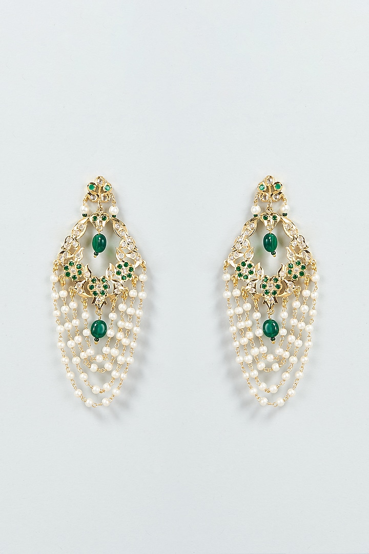 Gold Finish Pearl & Green Stone Chandbali Earrings by VASTRAA Jewellery at Pernia's Pop Up Shop