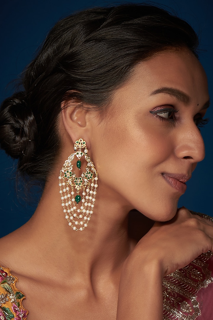 Gold Finish Pearl & Green Stone Chandbali Earrings by VASTRAA Jewellery at Pernia's Pop Up Shop