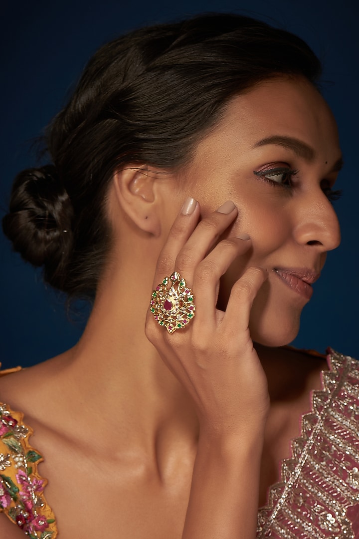 Gold Finish Kundan Polki Ring by VASTRAA Jewellery at Pernia's Pop Up Shop