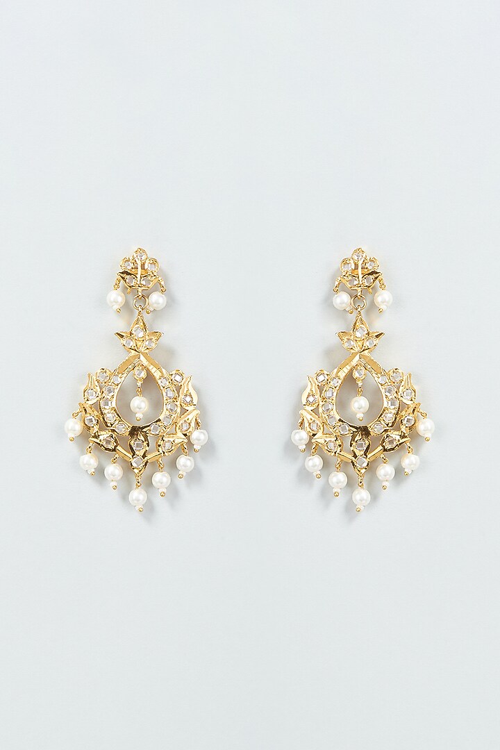 Gold Finish Kundan Polki & Pearl Chandbali Earrings by VASTRAA Jewellery at Pernia's Pop Up Shop