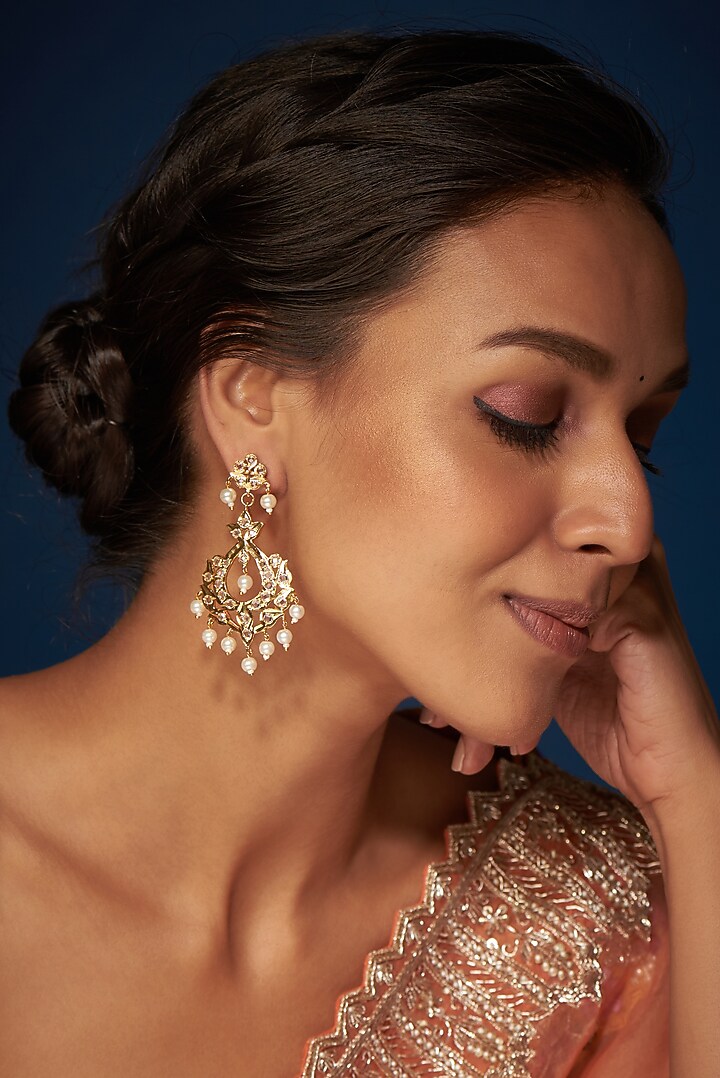 Gold Finish Kundan Polki & Pearl Chandbali Earrings by VASTRAA Jewellery at Pernia's Pop Up Shop