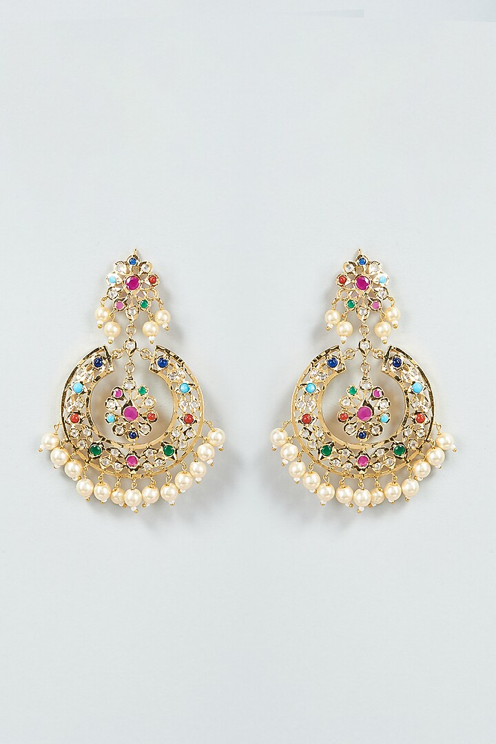 Gold Finish Kundan Polki & Multi-Colored Stone Chandbali Earrings by VASTRAA Jewellery at Pernia's Pop Up Shop