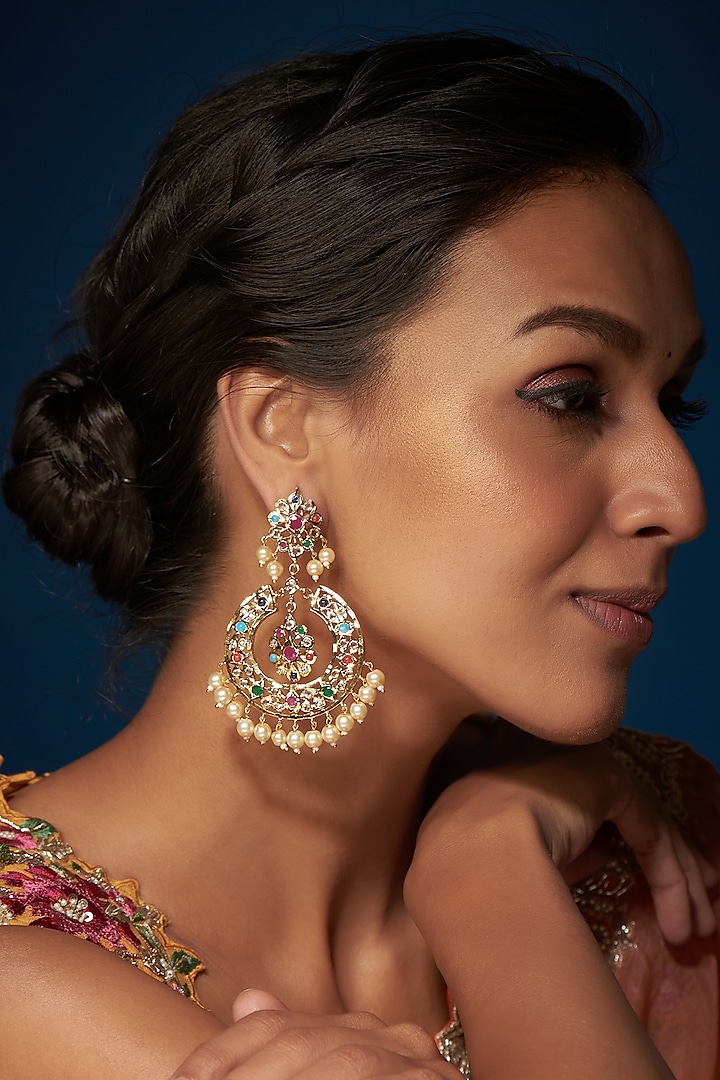 Gold Finish Kundan Polki & Multi-Colored Stone Chandbali Earrings by VASTRAA Jewellery at Pernia's Pop Up Shop