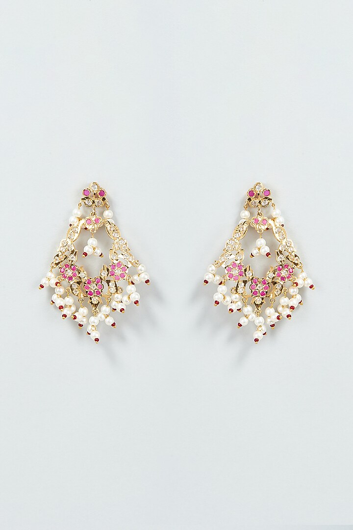 Gold Finish Kundan Polki & Pearl Dangler Earrings by VASTRAA Jewellery at Pernia's Pop Up Shop