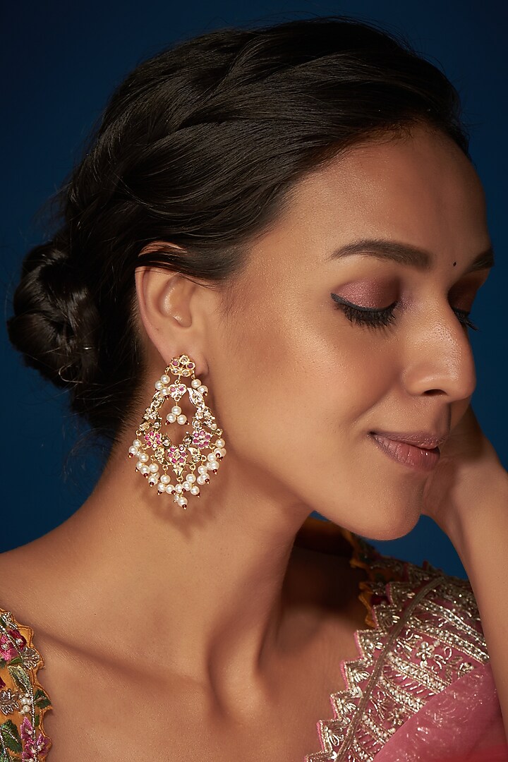 Gold Finish Kundan Polki & Pearl Dangler Earrings by VASTRAA Jewellery at Pernia's Pop Up Shop