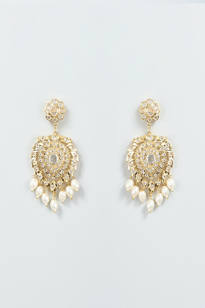 Gold Finish Kundan Polki & Pearl Dangler Earrings by VASTRAA Jewellery at Pernia's Pop Up Shop