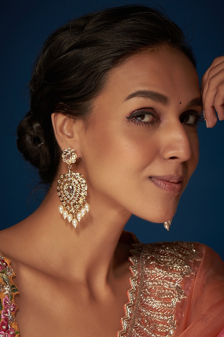 Gold Finish Kundan Polki & Pearl Dangler Earrings by VASTRAA Jewellery at Pernia's Pop Up Shop