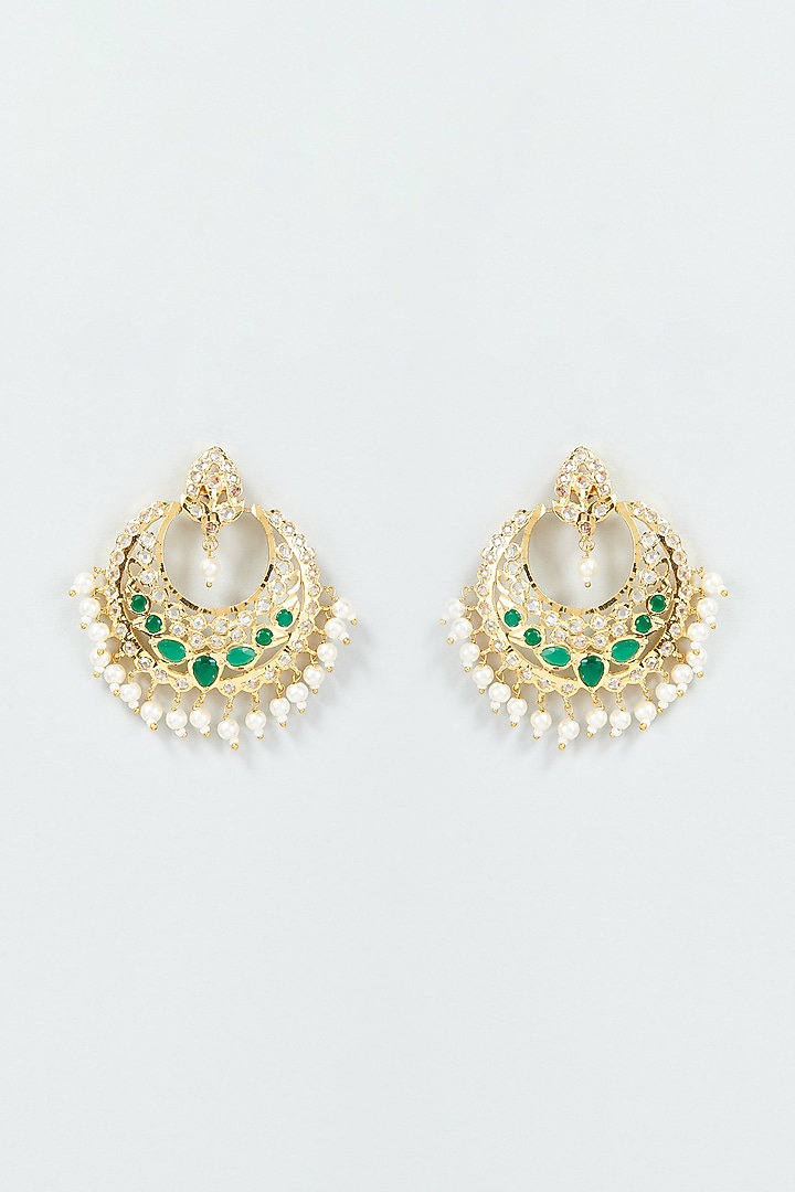 Gold Finish Kundan Polki & Green Stone Chandbali Earrings by VASTRAA Jewellery at Pernia's Pop Up Shop