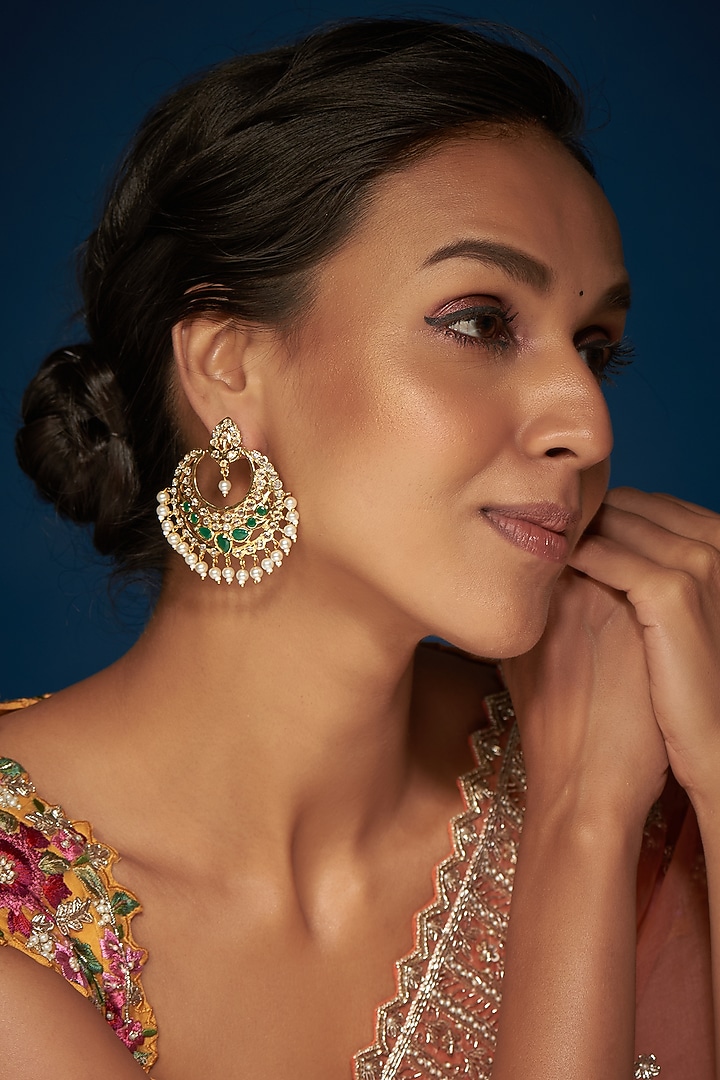 Gold Finish Kundan Polki & Green Stone Chandbali Earrings by VASTRAA Jewellery at Pernia's Pop Up Shop