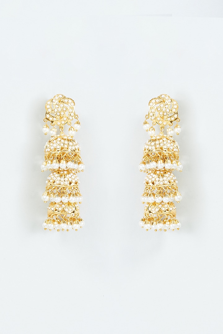 Gold Finish Kundan Polki & Pearl Jhumka Earrings by VASTRAA Jewellery at Pernia's Pop Up Shop