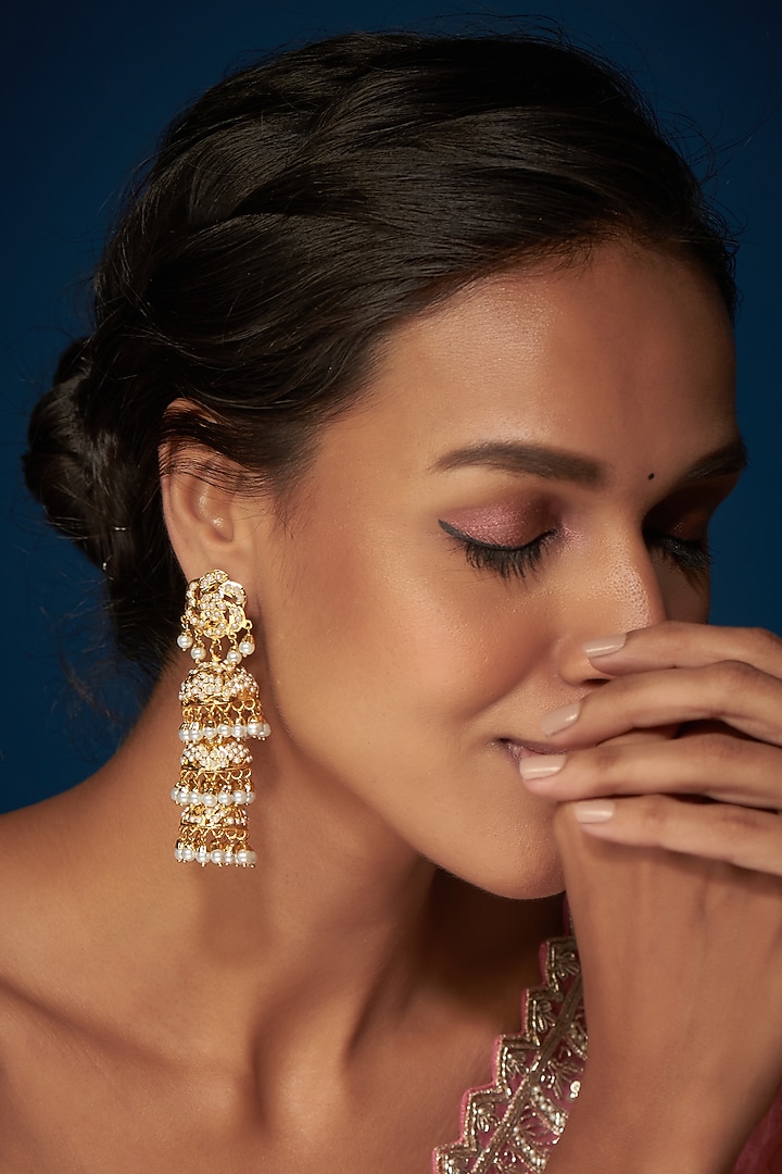 Gold Finish Kundan Polki & Pearl Jhumka Earrings by VASTRAA Jewellery at Pernia's Pop Up Shop