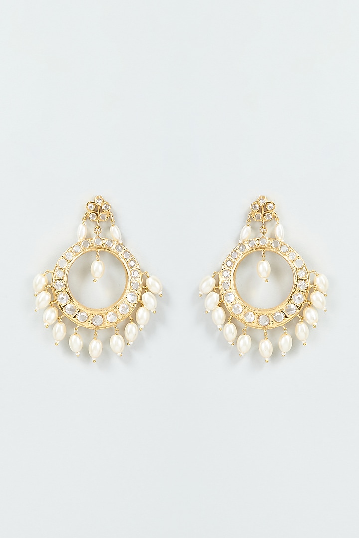 Gold Finish Kundan Polki & Pearl Chandbali Earrings by VASTRAA Jewellery at Pernia's Pop Up Shop