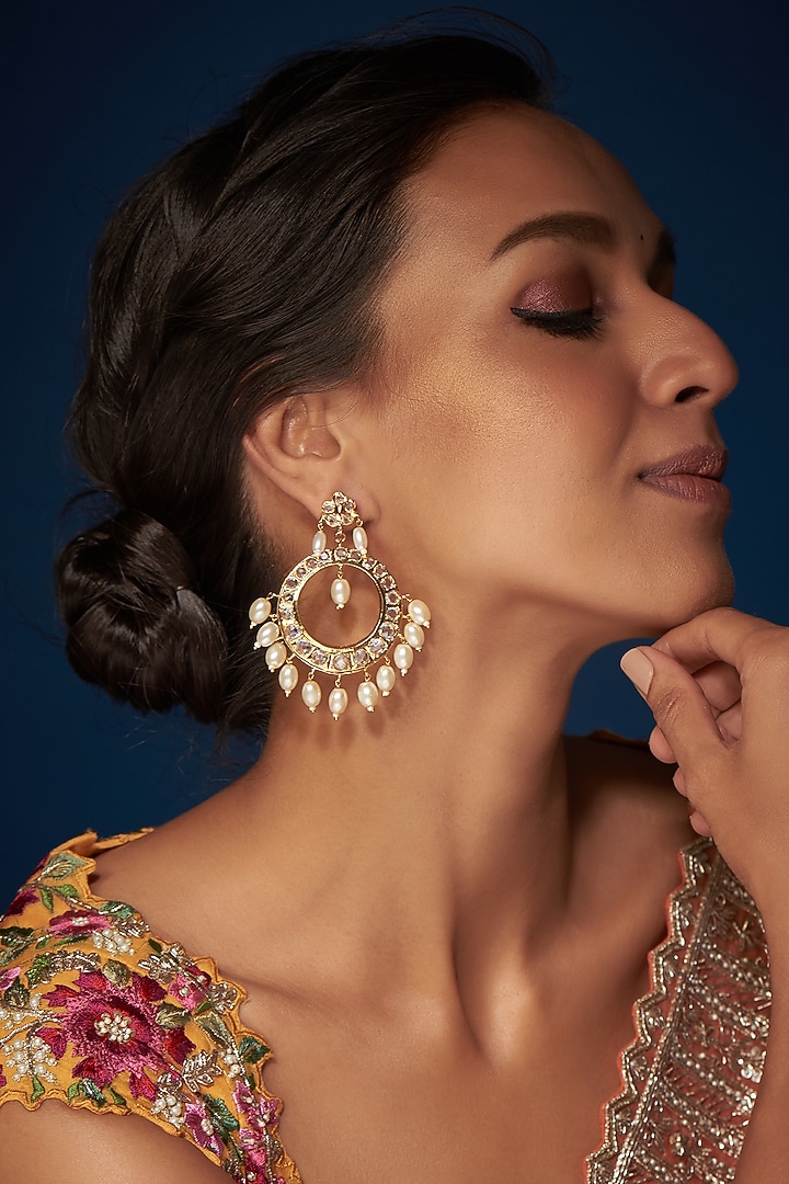 Gold Finish Kundan Polki & Pearl Chandbali Earrings by VASTRAA Jewellery at Pernia's Pop Up Shop