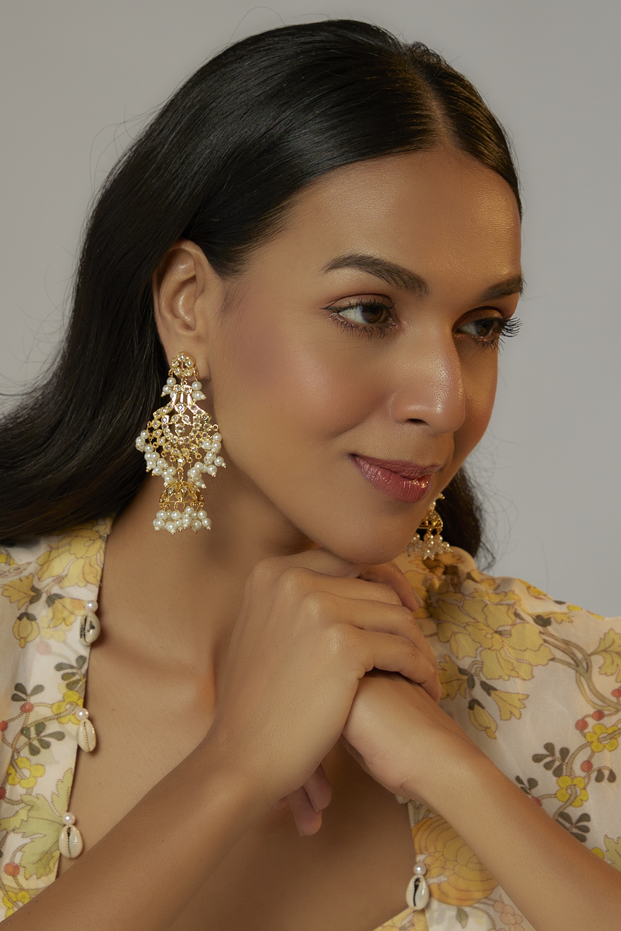 Gold Finish Kundan Polki & Pearl Jhumka Earrings by VASTRAA Jewellery at Pernia's Pop Up Shop