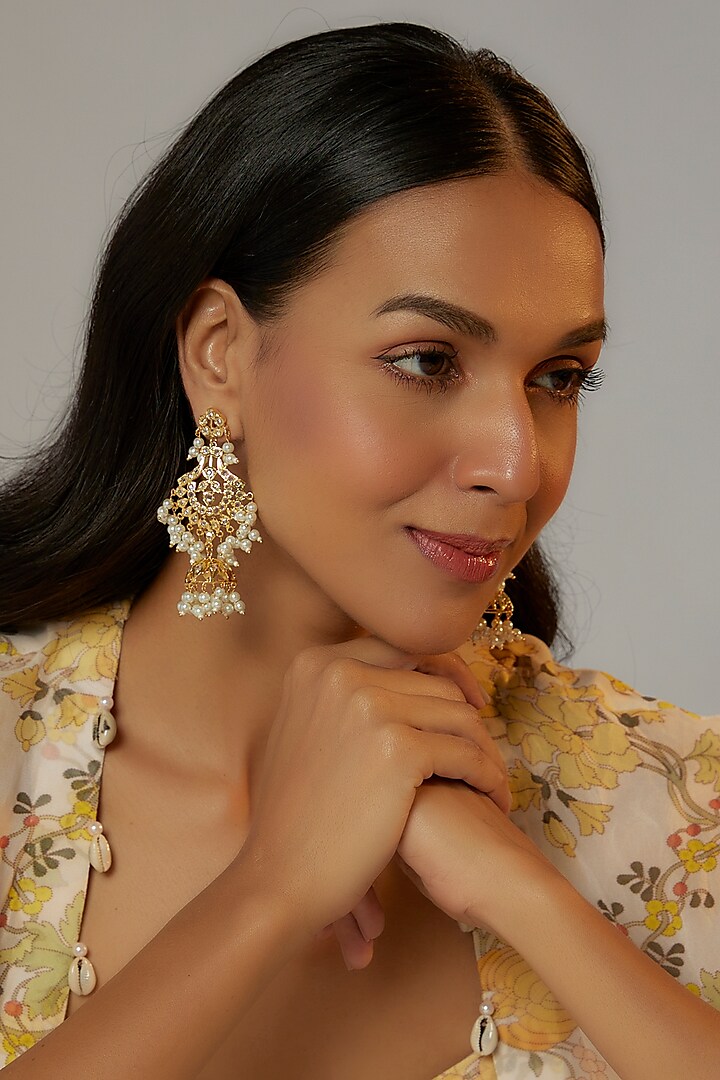 Gold Finish Kundan Polki & Pearl Jhumka Earrings by VASTRAA Jewellery at Pernia's Pop Up Shop