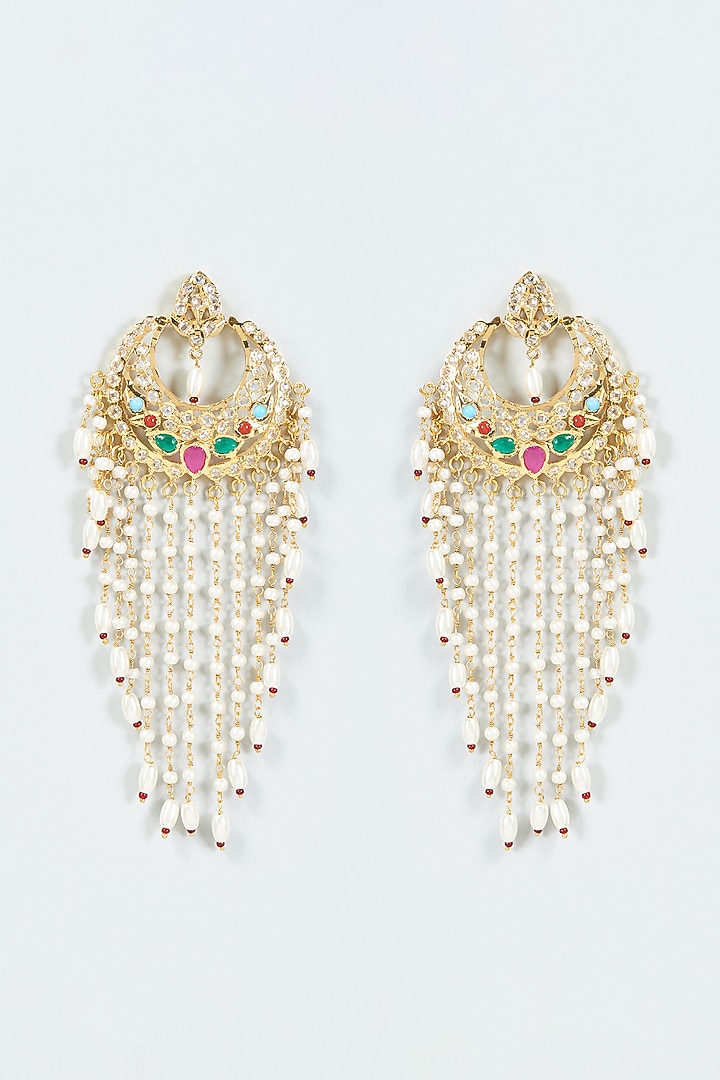 Gold Finish Kundan Polki & Pearl Chandbaali Earrings by VASTRAA Jewellery at Pernia's Pop Up Shop
