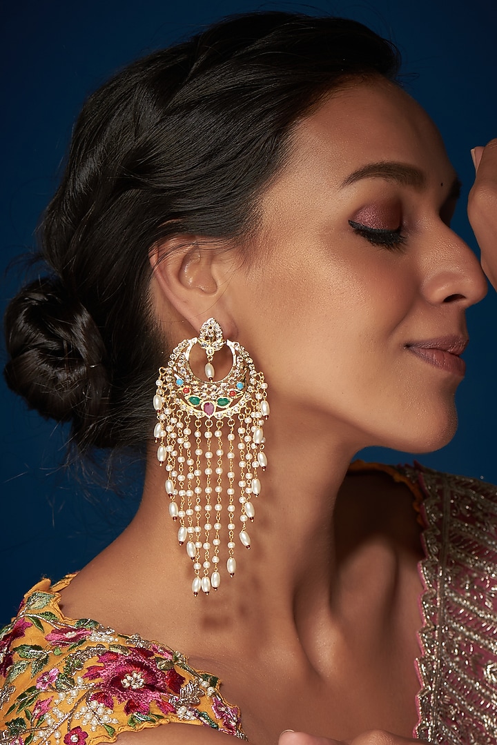 Gold Finish Kundan Polki & Pearl Chandbaali Earrings by VASTRAA Jewellery at Pernia's Pop Up Shop