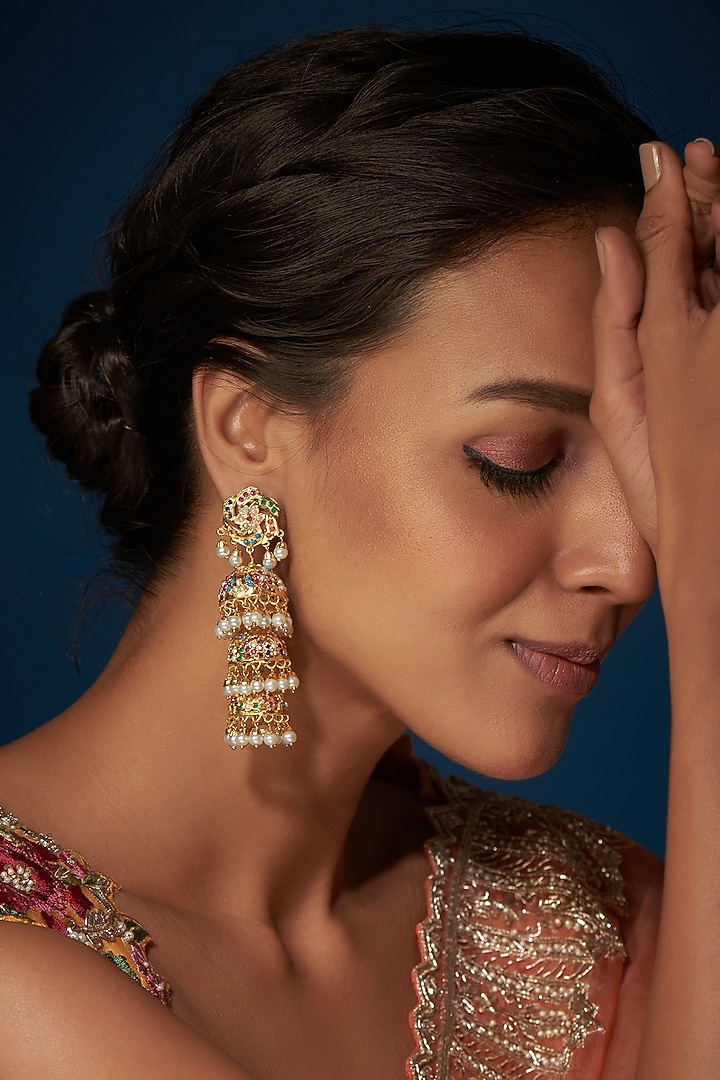 Gold Finish Kundan Polki & Pearl Jhumka Earrings by VASTRAA Jewellery at Pernia's Pop Up Shop