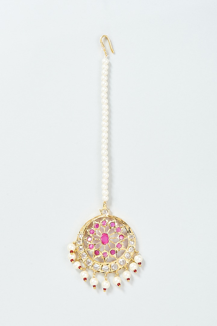 Gold Finish Kundan Polki & Pink Stone Maangtikka by VASTRAA Jewellery at Pernia's Pop Up Shop
