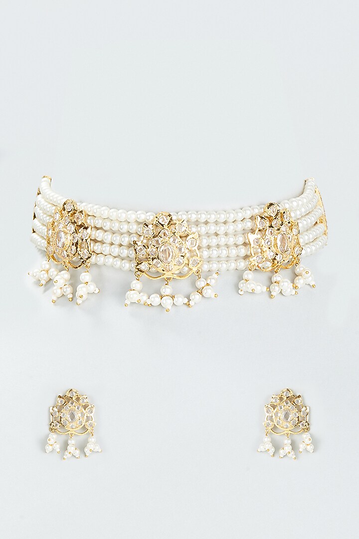 Gold Finish Kundan Polki & Pearl Choker Necklace Set by VASTRAA Jewellery at Pernia's Pop Up Shop