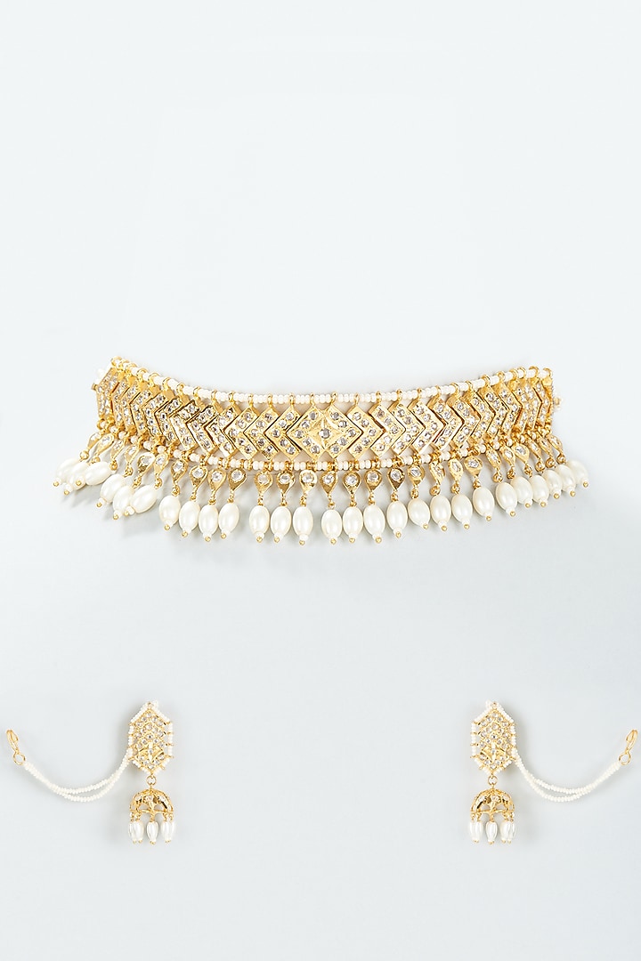 Gold Finish Kundan Polki & Pearl Choker Necklace Set by VASTRAA Jewellery at Pernia's Pop Up Shop