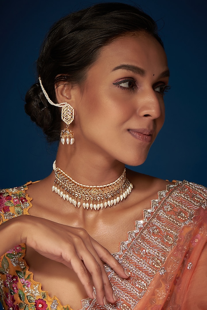 Kreart - Gold Finish Kundan Polki & Pearl String Long Designer Necklace Set for Women at Pernia's Pop-Up Shop