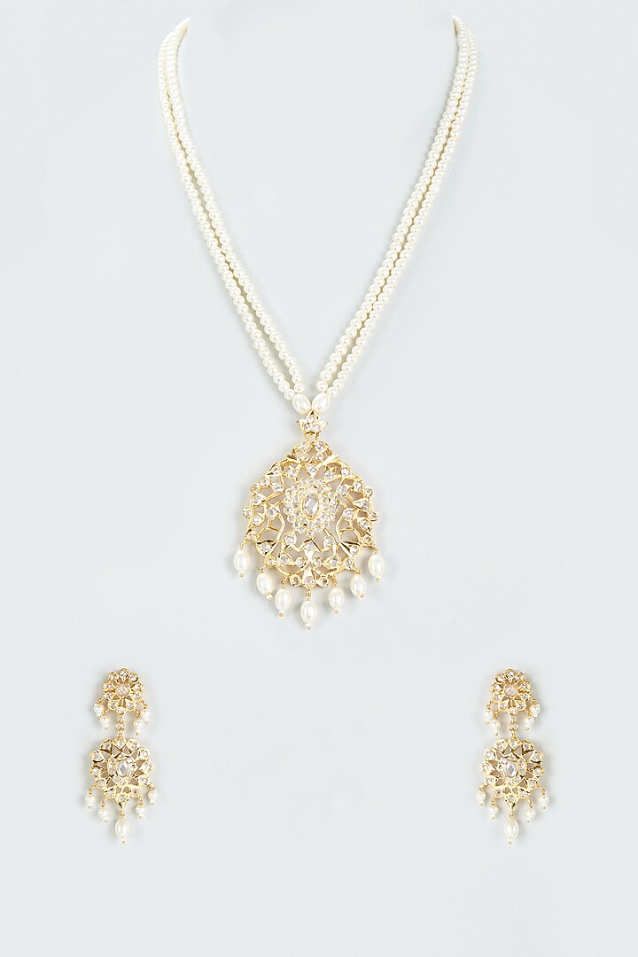 Gold Finish Kundan Polki & Pearl Long Necklace Set by VASTRAA Jewellery at Pernia's Pop Up Shop