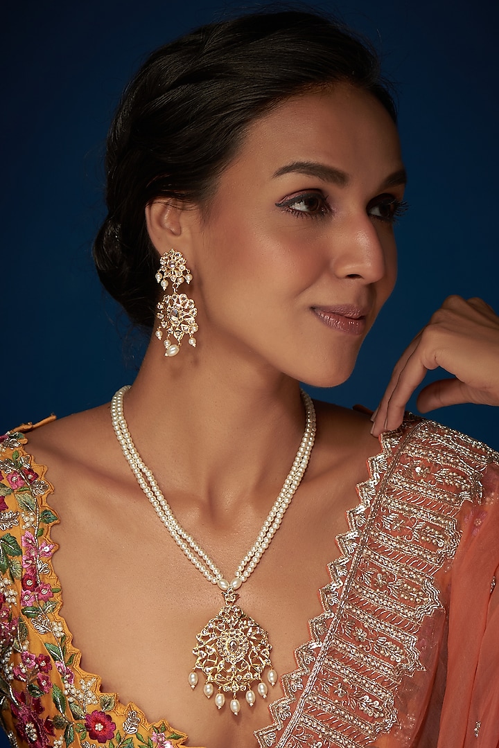 Gold Finish Kundan Polki & Pearl Long Necklace Set by VASTRAA Jewellery at Pernia's Pop Up Shop