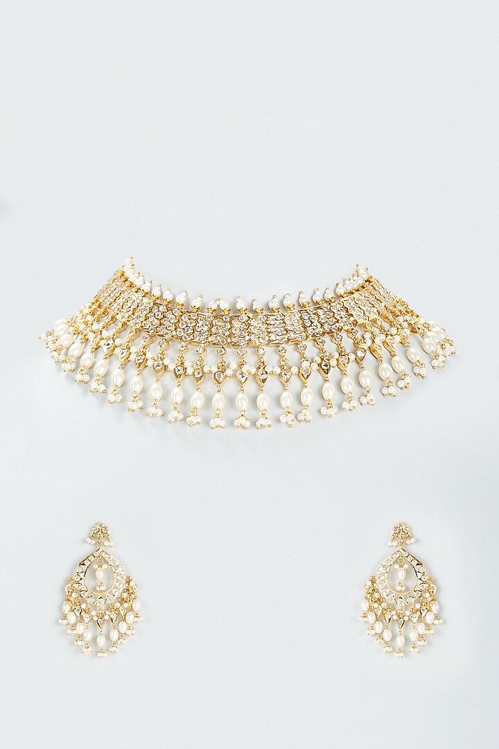 Gold Finish Kundan Polki & Pearl Choker Necklace Set by VASTRAA Jewellery at Pernia's Pop Up Shop