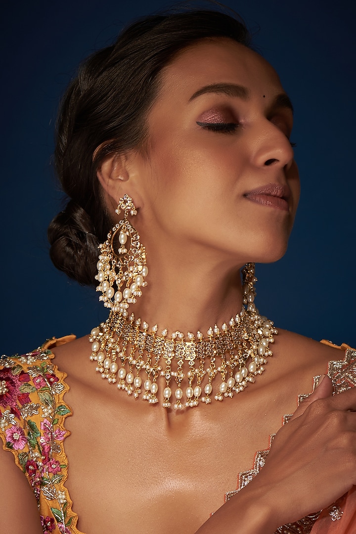 Gold Finish Kundan Polki & Pearl Choker Necklace Set by VASTRAA Jewellery at Pernia's Pop Up Shop