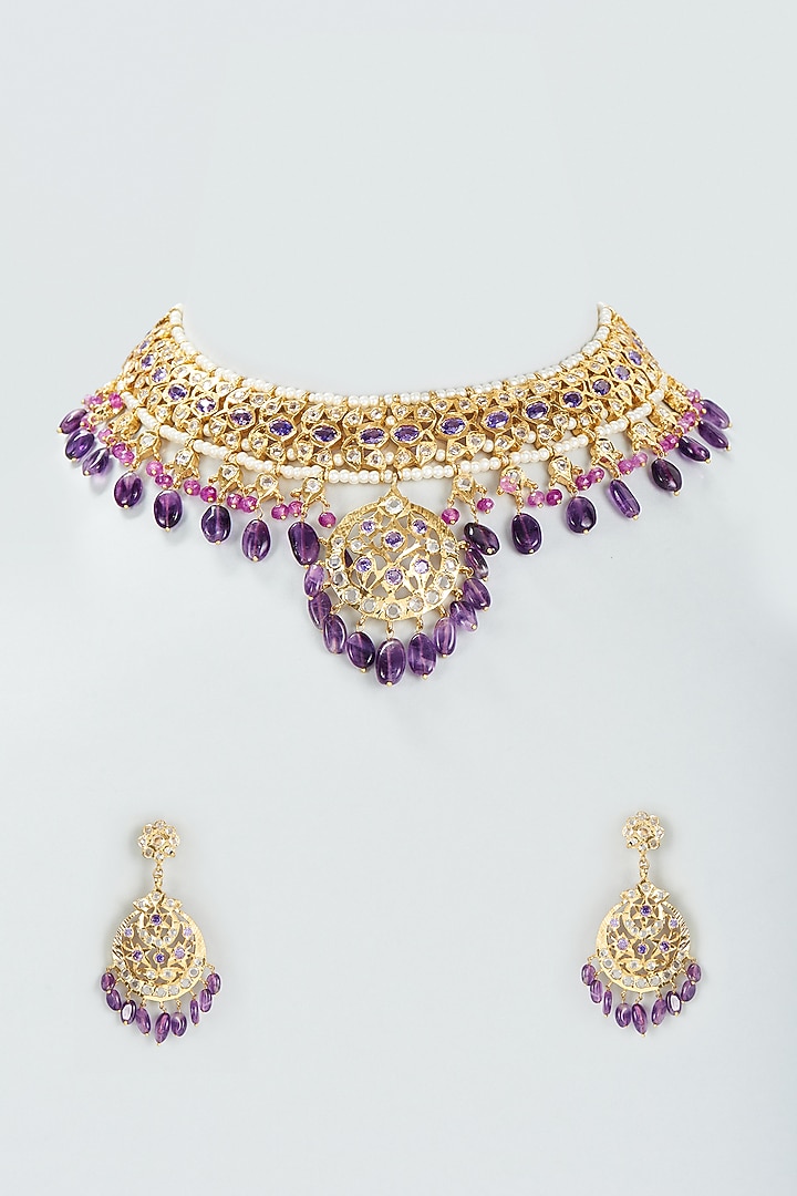 Golden, Darl Lilac, Purple, Kundan Polki Brass, Necklace Set