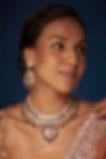 Gold Finish Kundan Polki & Purple Stone Necklace Set by VASTRAA Jewellery at Pernia's Pop Up Shop