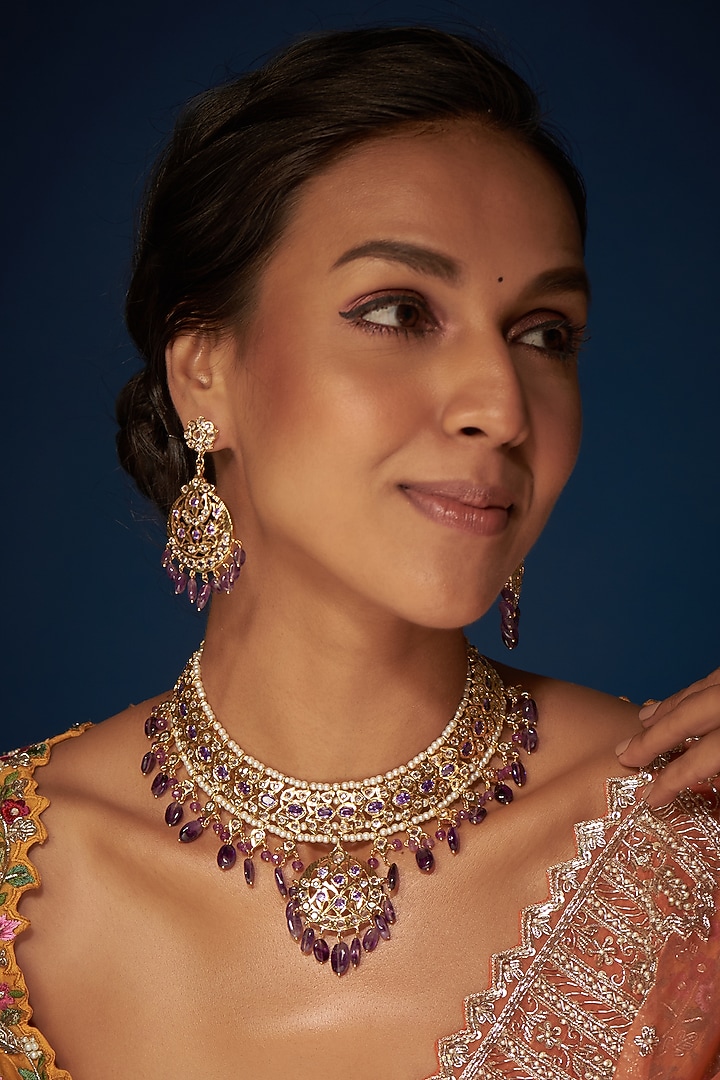 Gold Finish Kundan Polki & Purple Stone Necklace Set by VASTRAA Jewellery at Pernia's Pop Up Shop