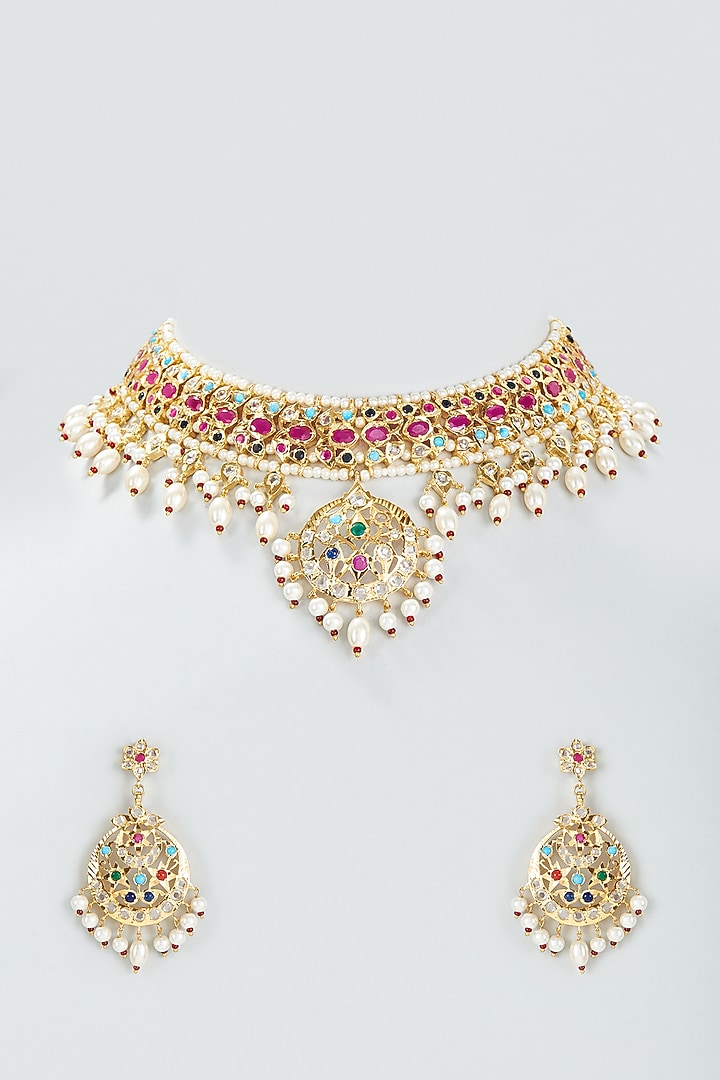 Gold Finish Kundan Polki & Multi-Colored Stone Choker Necklace Set by VASTRAA Jewellery at Pernia's Pop Up Shop