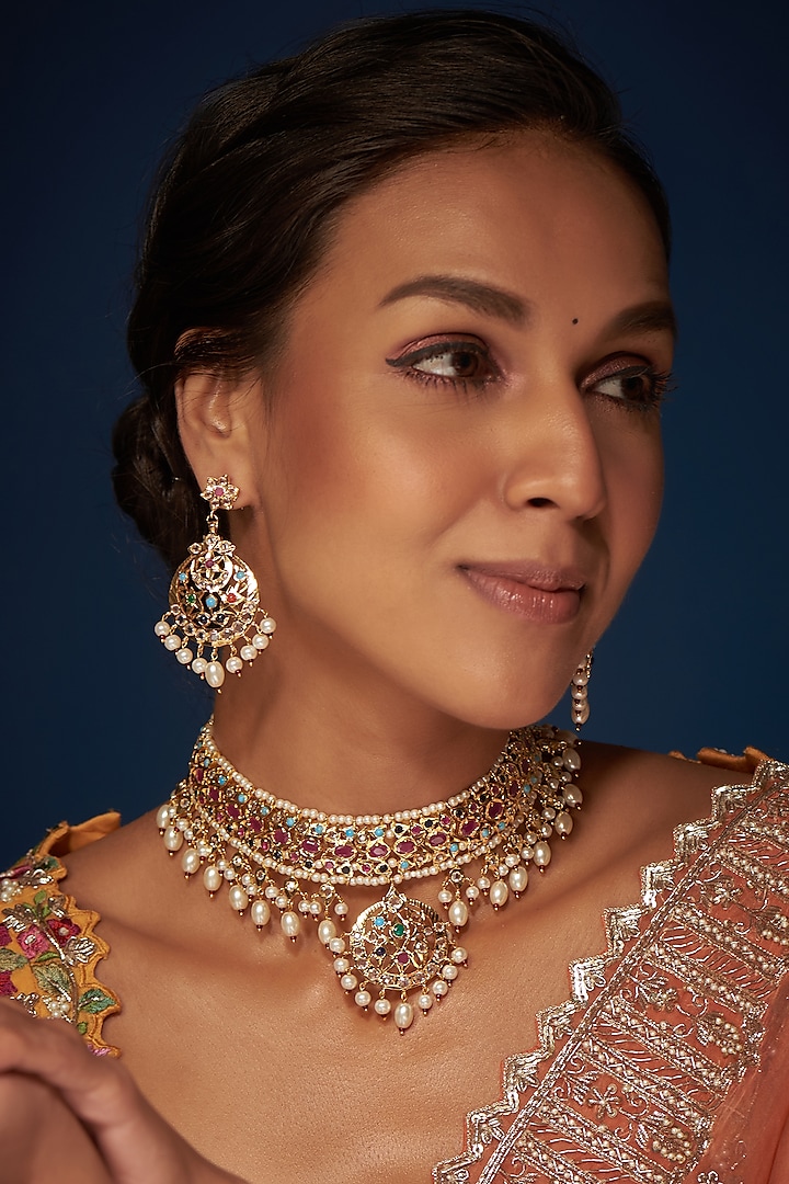 Gold Finish Kundan Polki & Multi-Colored Stone Choker Necklace Set by VASTRAA Jewellery at Pernia's Pop Up Shop