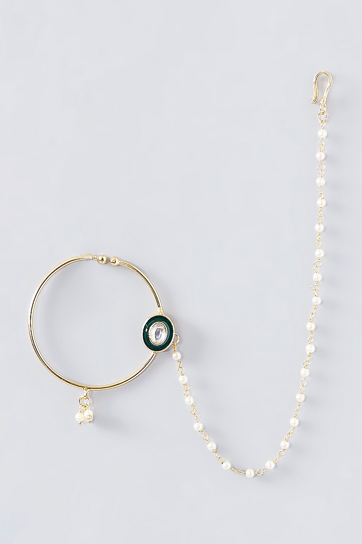 Gold Finish Kundan Polki & Pearl Nose Ring by VASTRAA Jewellery at Pernia's Pop Up Shop