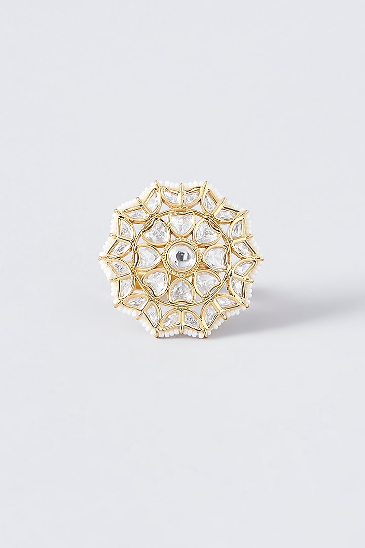 Gold Finish Kundan Polki & Pearl Ring by VASTRAA Jewellery at Pernia's Pop Up Shop
