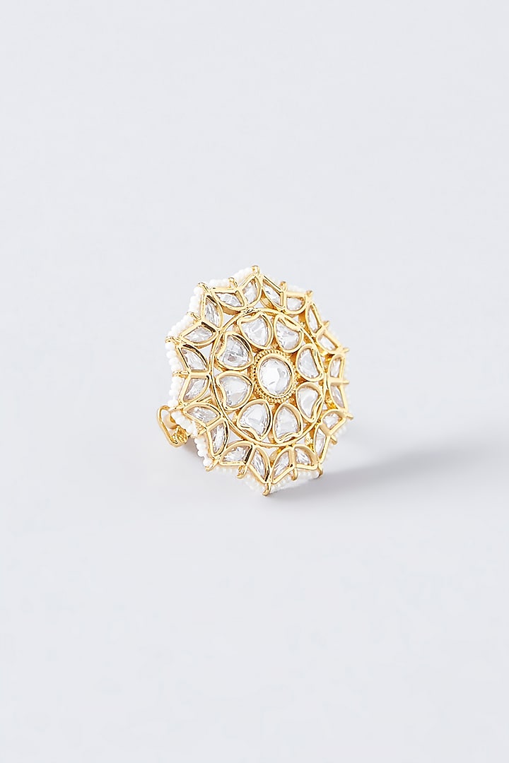 Gold Finish Kundan Polki & Pearl Ring by VASTRAA Jewellery at Pernia's Pop Up Shop