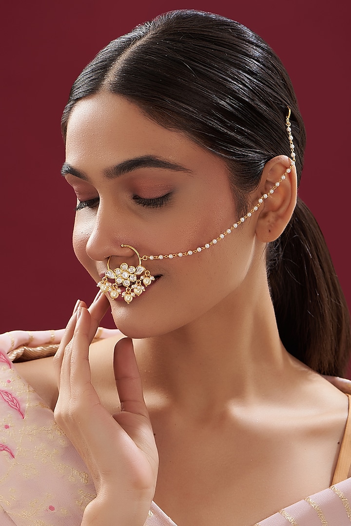 Gold Finish Kundan Polki & Pearl Nose Ring by VASTRAA Jewellery