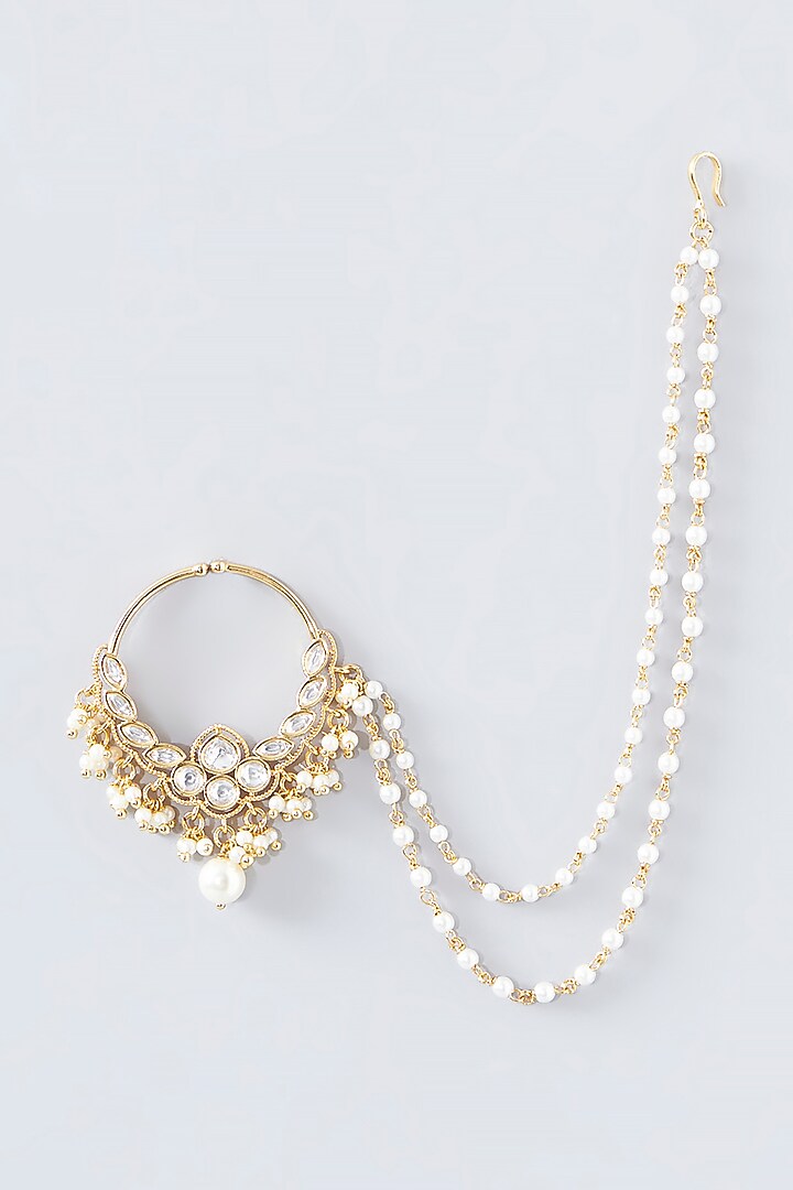 Gold Finish Kundan Polki & Pearl Nose Ring by VASTRAA Jewellery at Pernia's Pop Up Shop