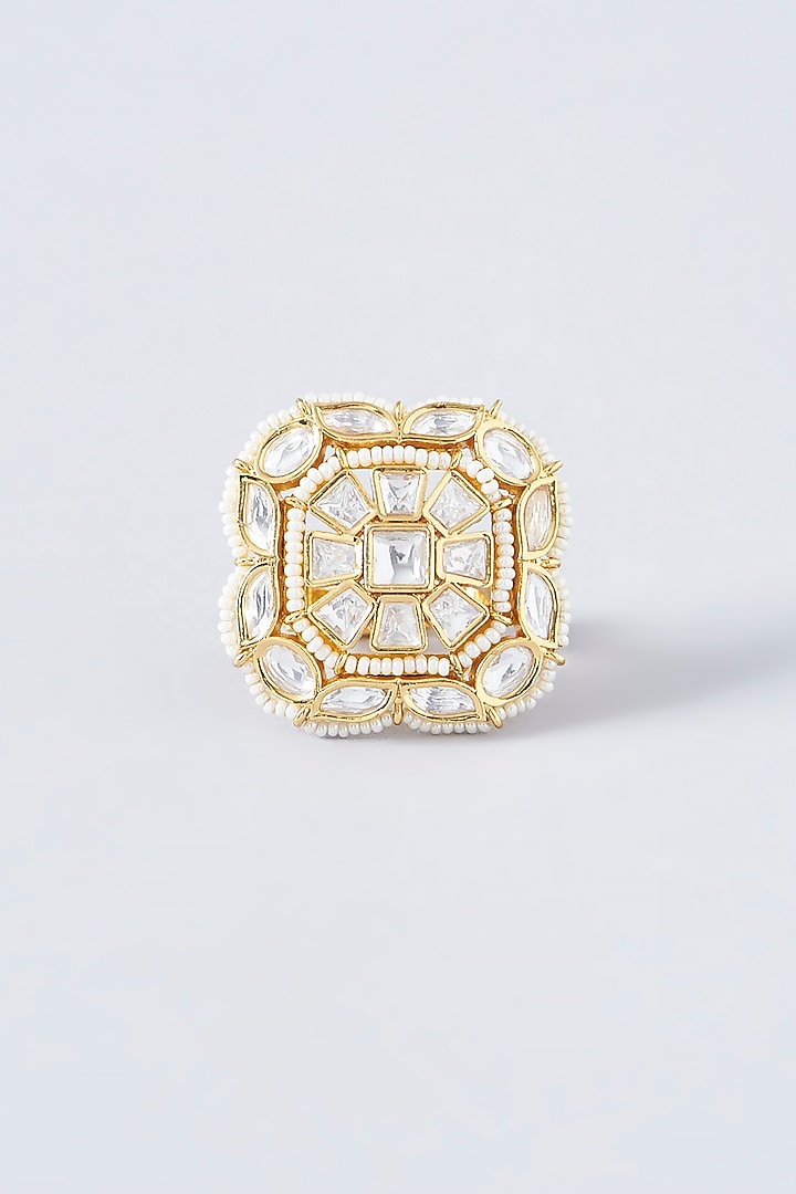 Gold Finish Kundan Polki & Pearl Ring by VASTRAA Jewellery at Pernia's Pop Up Shop