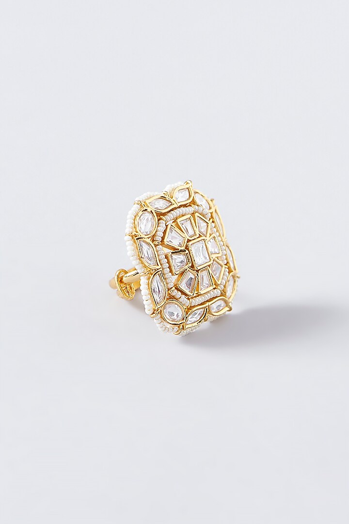 Gold Finish Kundan Polki & Pearl Ring by VASTRAA Jewellery at Pernia's Pop Up Shop