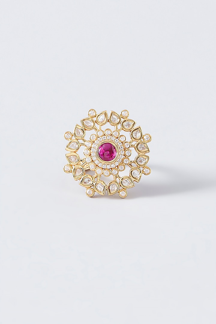 Gold Finish Kundan Polki & Red Stone Ring by VASTRAA Jewellery at Pernia's Pop Up Shop