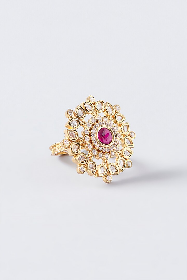 Gold Finish Kundan Polki & Red Stone Ring by VASTRAA Jewellery at Pernia's Pop Up Shop