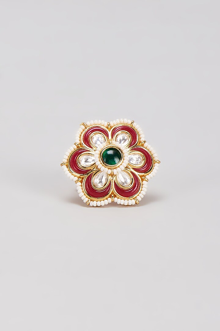Gold Finish Kundan Polki & Pearl Ring by VASTRAA Jewellery at Pernia's Pop Up Shop