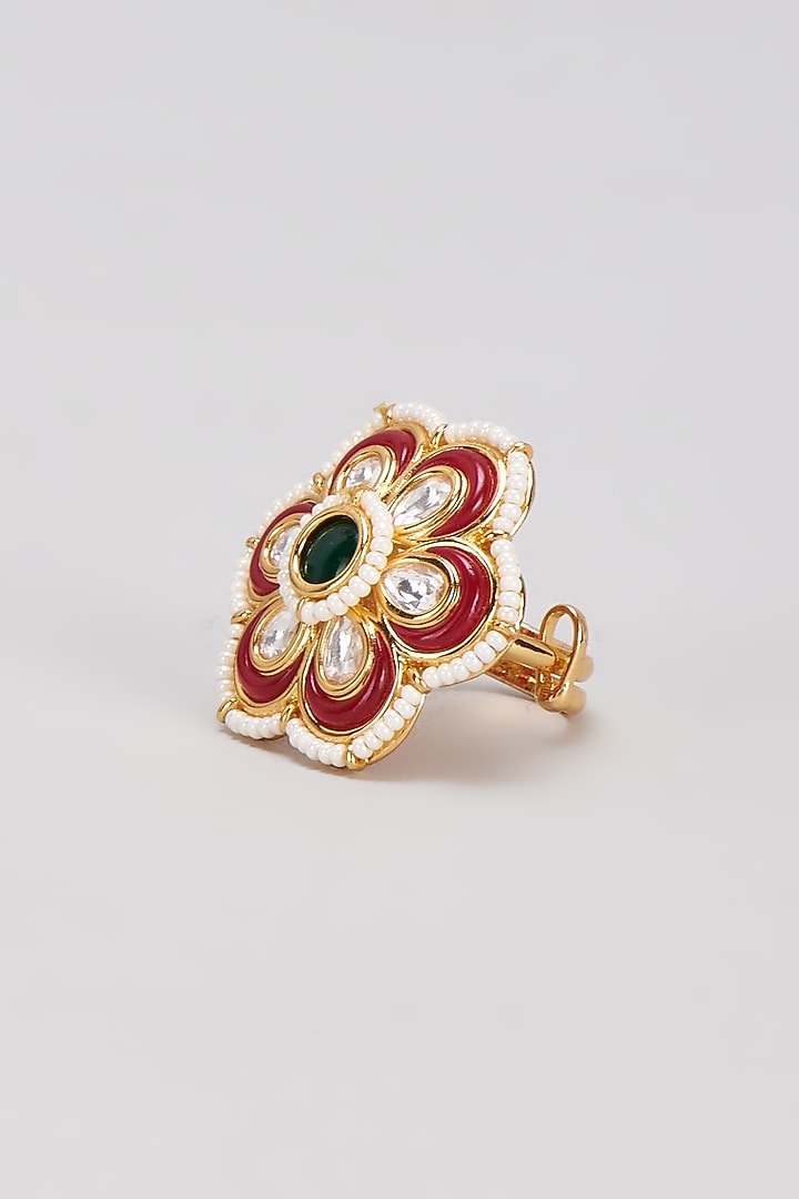 Gold Finish Kundan Polki & Pearl Ring by VASTRAA Jewellery at Pernia's Pop Up Shop