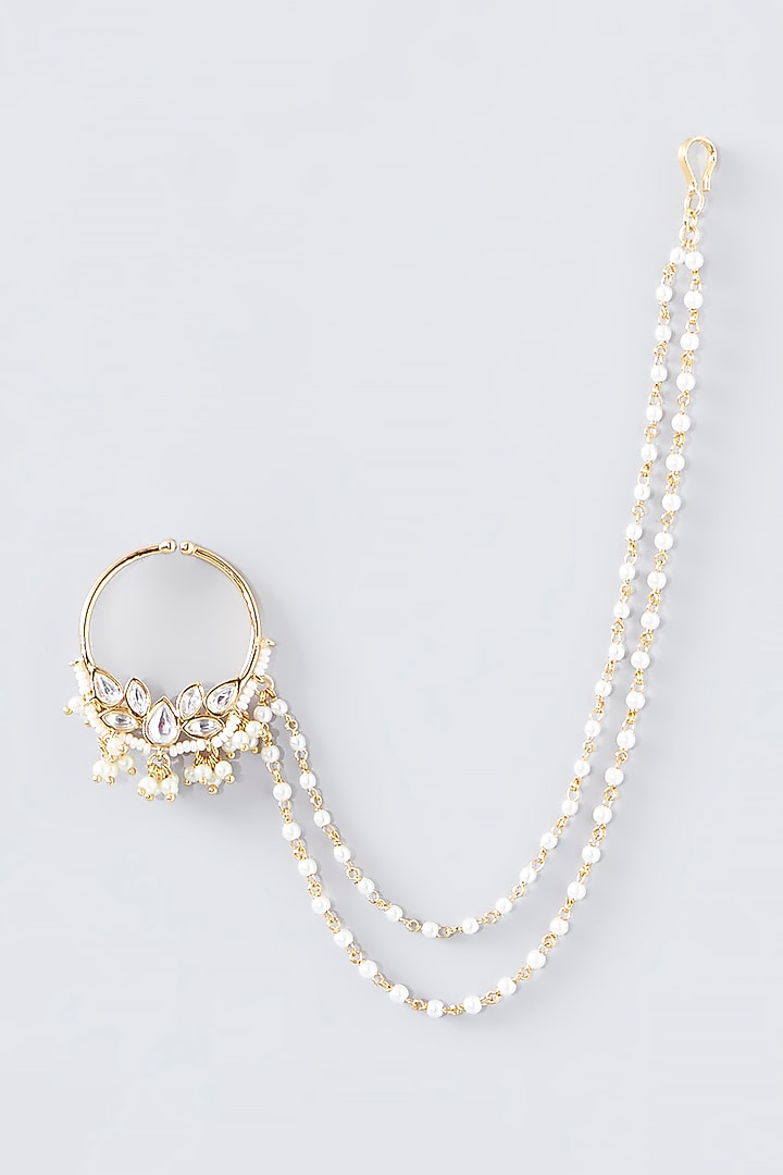 Gold Finish Kundan Polki & Pearl Nose Ring by VASTRAA Jewellery at Pernia's Pop Up Shop