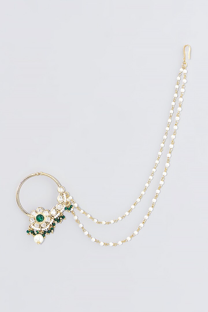 Gold Finish Kundan Polki & Pearl Nose Ring by VASTRAA Jewellery at Pernia's Pop Up Shop